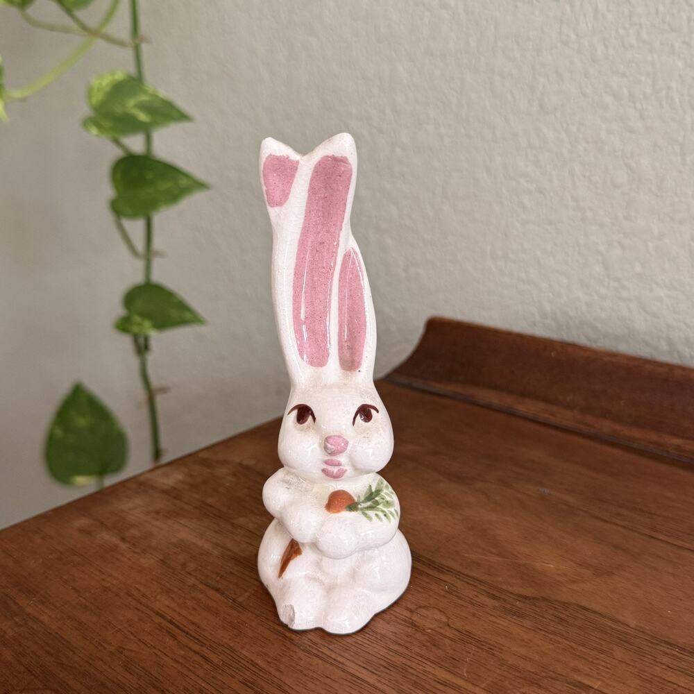 Vintage Anthropomorphic Big Ears Easter Bunny Rabbit Holding Carrot Pink Nose